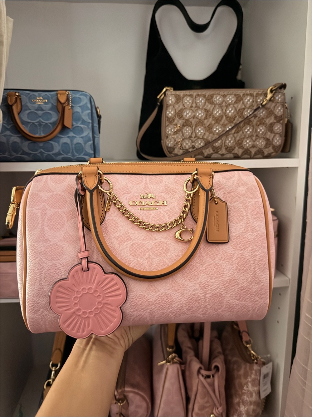 Coach Pink Signature Satchel with Tan Trim and Floral Charm